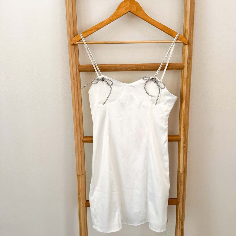 NWT Collective The Label White Satin Mini Dress XS Rhinestone Bow Bridal - Picture 2 of 12